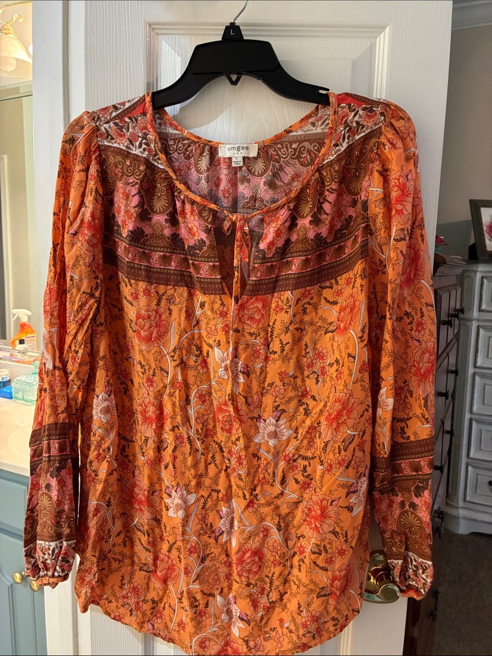 Umgee Orange Floral Boho Peasant Top SZ L